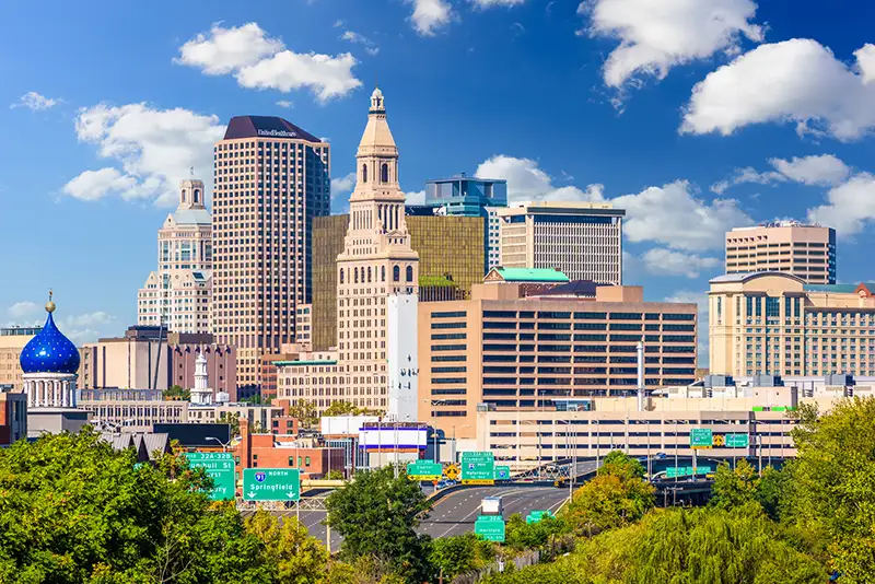 View of highways and buildings in Hartford, CT